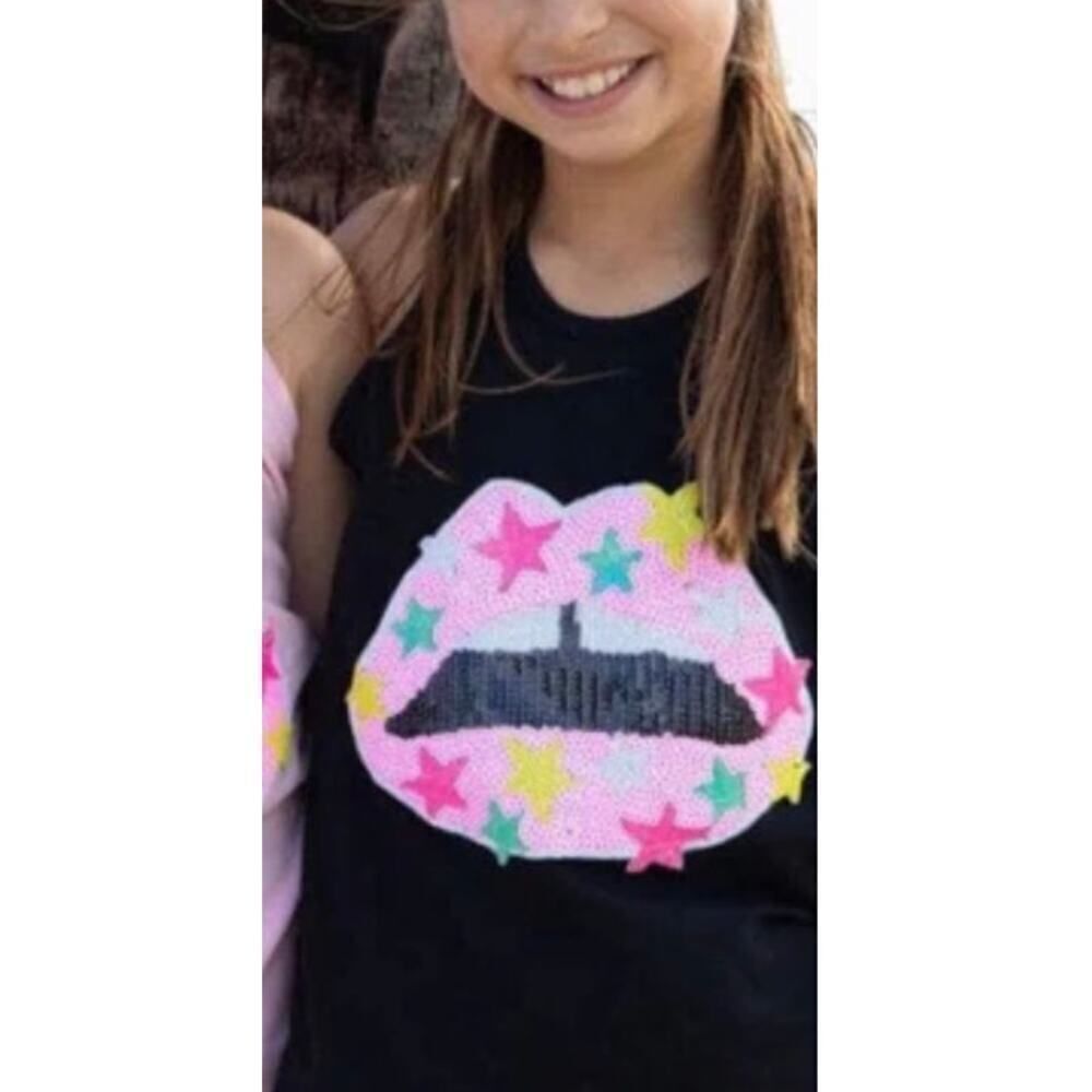 Lola & The Boys Star Lips Black Tank Girls Sz. 10